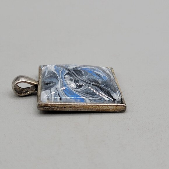 Square Abstract Glass Pendant Silver Tone Setting Black White Blue Swirl Design - Picture 3 of 4